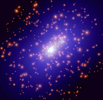 The uniform bluish glow of dark matter (?) spread through an assemblage of clustered galaxies (orange); HST image.